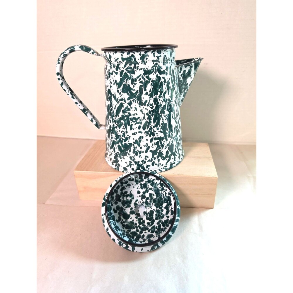 Vintage 6 Pc. Green & White Swirl Enamelware Set Coffee Pot Tray Sugar Creamer - Picture 6 of 11